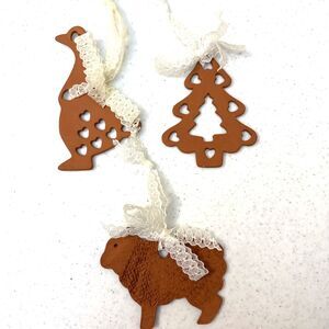 Variety Of 3 Vintage Terra Cotta Christmas Ornaments  Hand Made Duck Sheep Tree